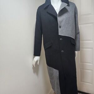 DEPT. ANONYM 100% Wool Colorblock Long Overcoat Black Grey Asymmetrical